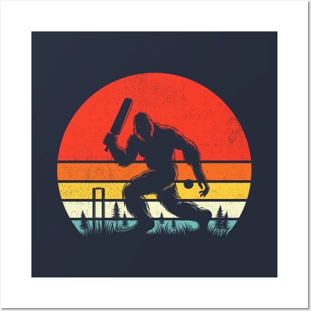 Bigfoot Sasquatch Playing Cricket Vintage Outdoor Sport Cricket Fan Wall Art by Cuteness Klub